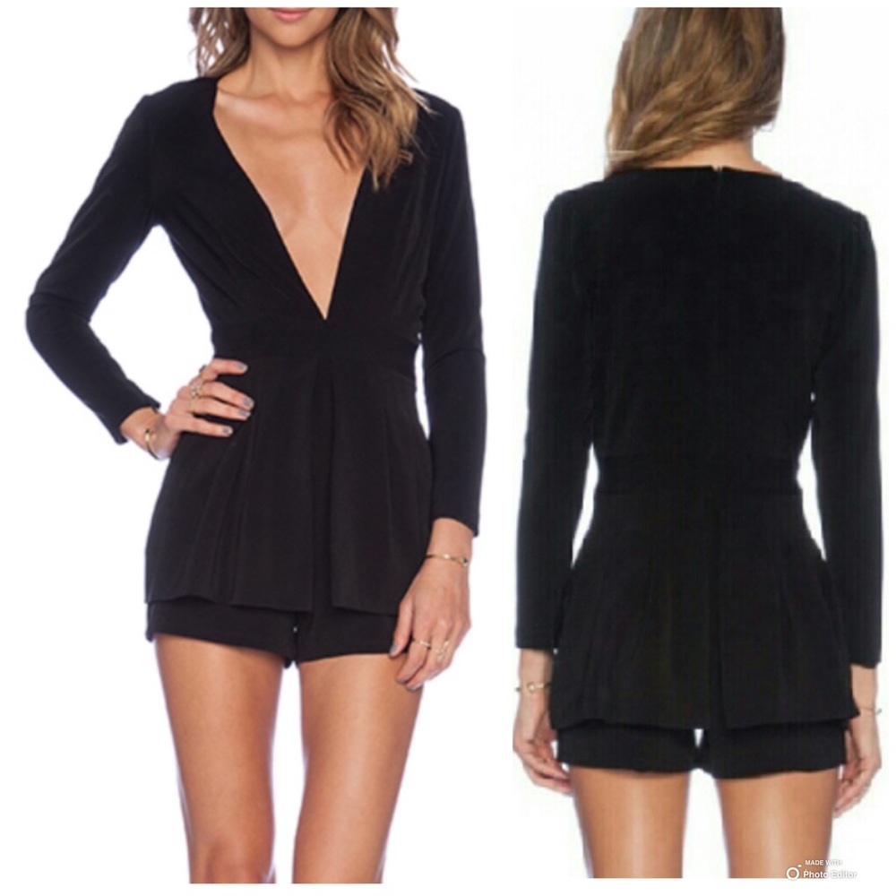 Lovers and Friends Deep V Neck Romper Skort With Long Sleeves Black XSmall